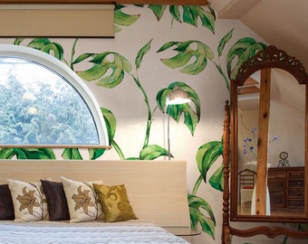 Tropical watercolor wallpaper with green monstera leaf pattern | Self Adhesive | Peel & Stick | Removable