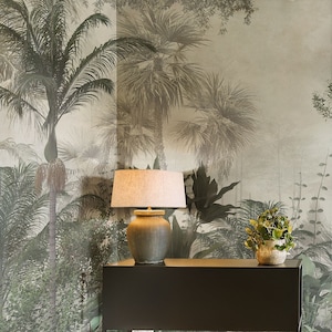 Vintage tropical jungle wallpaper, palm trees and exotic plants | Self Adhesive | Peel and Stick | Removable Wallpaper