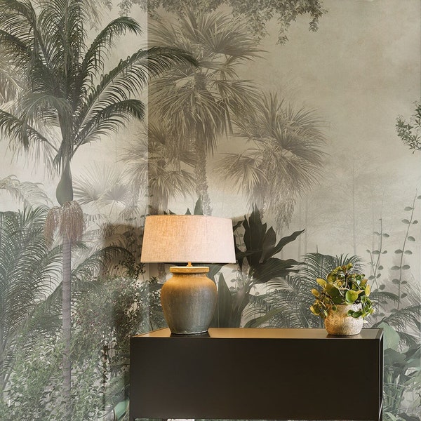 Vintage tropical jungle wallpaper, palm trees and exotic plants | Self Adhesive | Peel and Stick | Removable Wallpaper
