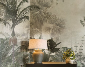 Papel pintado vintage de selva tropical, palmeras y plantas exóticas | Autoadhesivo | Pelar y pegar | Papel pintado removible