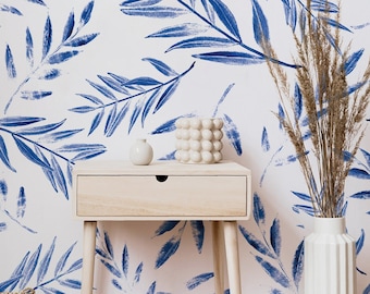 Watercolor white and blue leaf pattern wallpaper | Self Adhesive | Peel & Stick | Removable