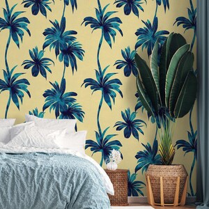 Blue Palm Trees Pattern, Watercolor Yellow Tropical Wallpaper • Peel and Stick *self adhesive* or Non-Pasted Vinyl Materials •