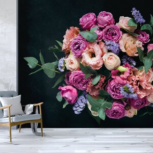 Black wallpaper with colorful rose bouquet | Self Adhesive | Peel & Stick | Removable