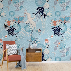 Murale di fiori e uccelli, carta da parati astratta blu | Autoadesivo | Stacca e attacca | Rimovibile