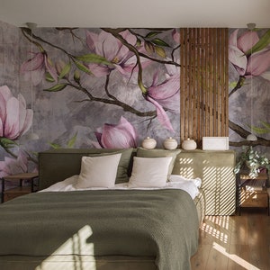Blooming Magnolia Flower Branches Wallpaper Concrete & Brush Strokes Mural • Peel and Stick *self adhesive* or Non-Pasted Vinyl Materials •