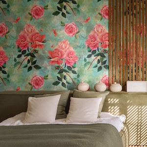 Watercolor Roses & Writings Vintage Mint Wallpaper, Floral Wall Mural • Peel and Stick *self adhesive* or Non-Pasted Vinyl Materials •