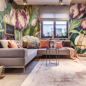 Bemaltes Wandbild mit Tulpenwiese, farbenfrohe Blumentapete • Abziehen und Aufkleben *selbstklebend* oder nicht geklebte Vinylmaterialien •