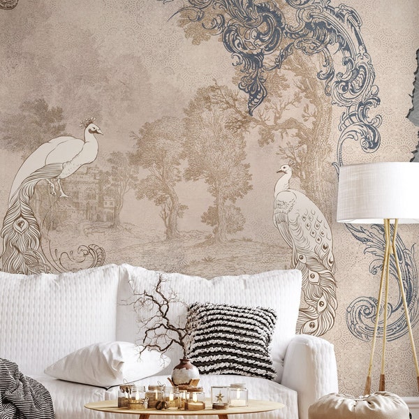 Concrete wallpaper with peacock birds and ornaments, rococo, baroque style | Self Adhesive | Peel and Stick | Removable Wallpaper