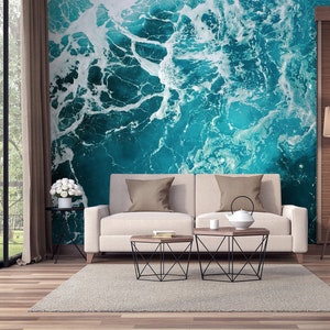 Blue Sea Waves Wallpaper, Sea Foam, Blue Turquoise Ocean Water Mural | Self Adhesive | Peel & Stick | Removable