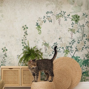 Tropical Old Floral Vintage Wallpaper, Rose and Monstera Leaf Mural | Self Adhesive | Peel and Stick | Removable Wallpaper