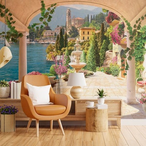 Wallpaper with Mediterranean Landscape Viewed from a Terrace • Peel and Stick *self adhesive* or Non-Pasted Vinyl Materials •