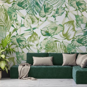 Vivid Green Tropical Leaves Wallpaper with Palm and Monstera Leaves • Peel and Stick *self adhesive* or Non-Pasted Vinyl Materials •