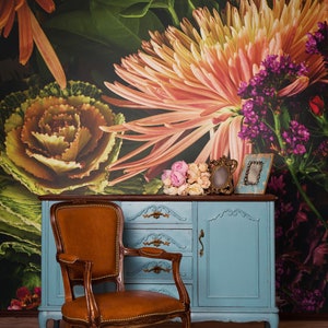 Garden Flowers Wallpaper, Dark Colorful Botanical Floral Wall Mural • Peel and Stick *self adhesive* or Non-Pasted Vinyl Materials •