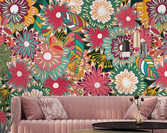 Colorful cartoon floral wallpaper | Self Adhesive | Peel & Stick | Removable