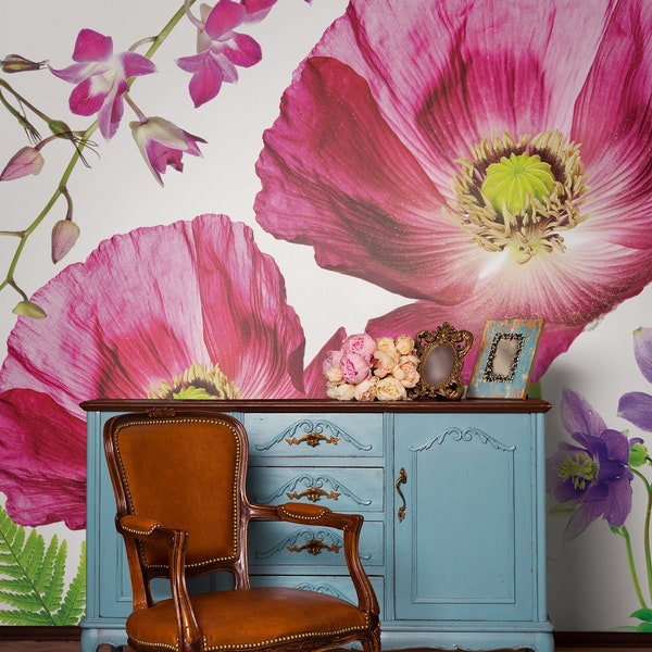 Pink Poppy Flowers Wallpaper, Field Flowers, Spring Blossom • Peel and Stick *self adhesive* or Non-Pasted Vinyl Materials •