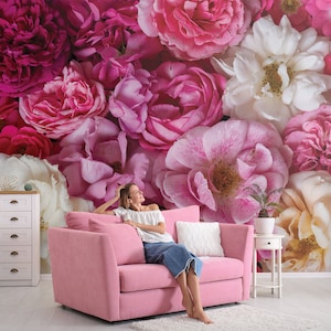 Carta da parati fotografica con fiori di peonia rosa e bianca | Autoadesivo | Stacca e attacca | Rimovibile
