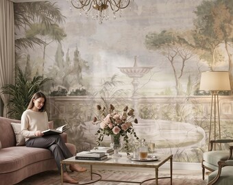 Toscana Garden with a fountain surrounded with trees, antique wallpaper, wall mural, peel and stick *self adhesive* or traditional vinyl
