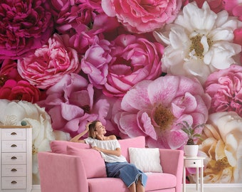 Pink and white peony flowers photo wallpaper | Self Adhesive | Peel & Stick | Removable