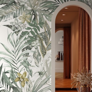 Faded Green Tropical Leaves Wallpaper, Exotic Wall Mural • Peel and Stick *self adhesive* or Non-Pasted Vinyl Materials •