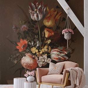 Papier peint nature morte de tulipes hollandaises, peinture murale de bouquet de style baroque | Auto-adhésif | Peler et coller | Amovible