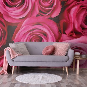 Viva Magenta Pink Rose Wallpaper, Floral Mural, Big Flowers • Peel and Stick *self adhesive* or Non-Pasted Vinyl Materials •