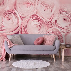 Pastel Pink Romantic Rose Wallpaper, Botanical Floral Wall Mural • Peel and Stick *self adhesive* or Non-Pasted Vinyl Materials •