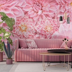 Pink Floral Wallpaper, Spring Blooming Flowers Wall Mural • Peel and Stick *self adhesive* or Non-Pasted Vinyl Materials •