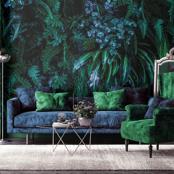 Dark blue and green mystic jungle photo wallpaper | Self Adhesive | Peel & Stick | Removable