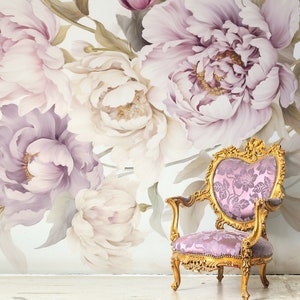 Beautiful Peony Flowers Wallpaper, Romantic Floral Wall Mural • Peel and Stick *self adhesive* or Non-Pasted Vinyl Materials •