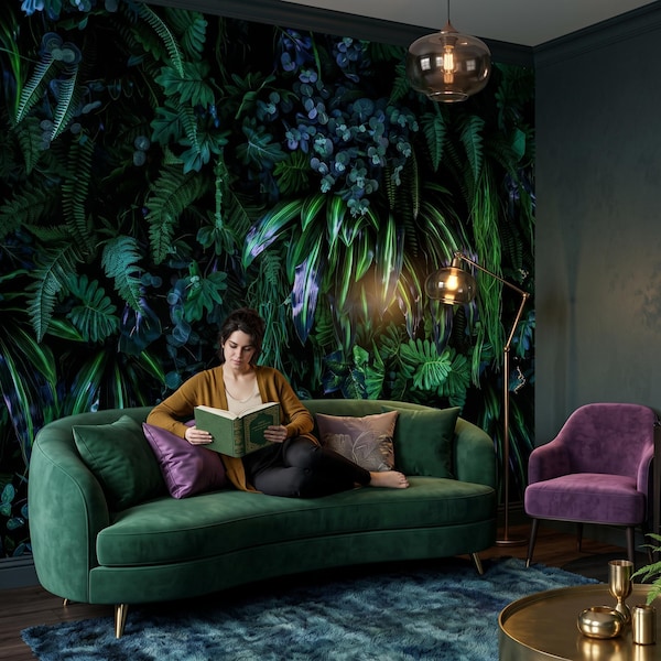 Dark blue and green mystic jungle photo wallpaper, botanical wall mural, home decor, peel and stick *self adhesive* or traditional vinyl