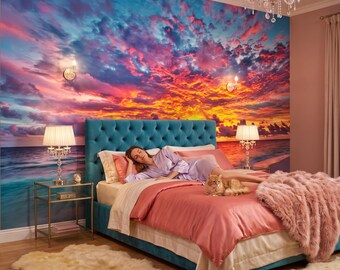 Divine sunset above the ocean wallpaper, beach & ocean wall mural, home decor, peel and stick *self adhesive* or traditional vinyl paper