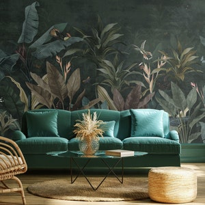 Dark green vintage tropical jungle wallpaper with birds | Self Adhesive | Peel and Stick | Removable Wallpaper