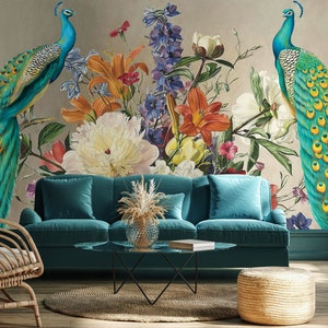 Peacock birds and flowers painting wallpaper | Self Adhesive | Peel and Stick | Removable Wallpaper
