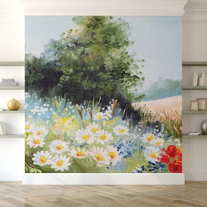 Oil painted floral meadow photo wallpaper, floral landscape mural | Self Adhesive | Peel & Stick | Removable image 1