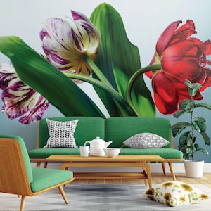 Papier peint bouquet de tulipes fraîches, fleur rouge et violette, décoration murale botanique • Pelez et collez *auto-adhésif* ou matériaux en vinyle non collés •