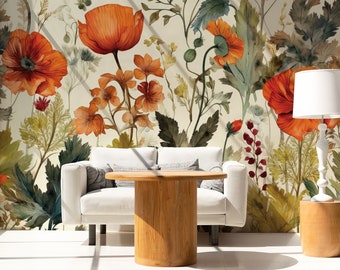 Vintage Poppy & Field Flowers Old Botanical Wallpaper • Peel and Stick *self adhesive* or Non-Pasted Vinyl Materials •
