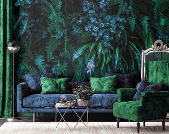 Dark blue and green mystic jungle photo wallpaper | Self Adhesive | Peel & Stick | Removable