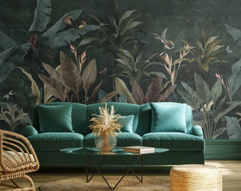 Dark green vintage tropical jungle wallpaper with birds | Self Adhesive | Peel and Stick | Removable Wallpaper