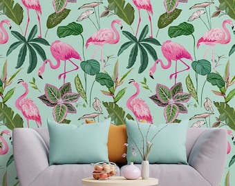 Green and pink wallpaper with flamingo bird and tropical leaves | Self Adhesive | Peel & Stick | Removable