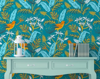 Turquoise and orange tropical wallpaper with leaves and birds | Self Adhesive | Peel & Stick | Removable