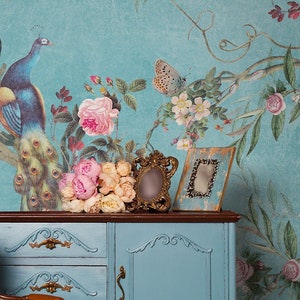 Blue vintage chinoiserie wallpaper, rose branches and peacock birds | Self Adhesive | Peel and Stick | Removable Wallpaper