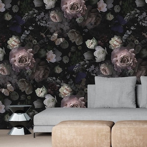 Dark floral wallpaper with roses and butterflies | Self Adhesive | Peel & Stick | Removable