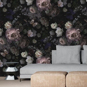 Dark floral wallpaper with roses and butterflies | Self Adhesive | Peel & Stick | Removable