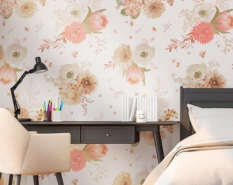Light wallpaper with flowers in warm pink and orange tones | Self Adhesive | Peel & Stick | Removable