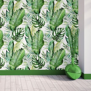 Green watercolor monstera, palm and banana leaf pattern wallpaper | Self Adhesive | Peel & Stick | Removable