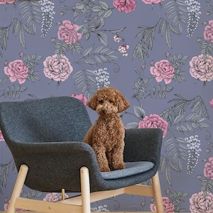 Tapete mit rosa Rosen und Pfingstrosen, abstraktes Blumenmuster • Abziehen und Aufkleben *selbstklebend* oder nicht geklebte Vinylmaterialien •