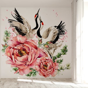 Watercolor pink peonies and birds wallpaper | Self Adhesive | Peel & Stick | Removable