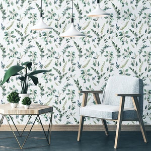 Small green watercolor leaves pattern wallpaper | Self Adhesive | Peel & Stick | Removable