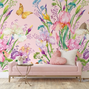 Pink wallpaper with watercolor colorful irises and butterflies | Self Adhesive | Peel & Stick | Removable