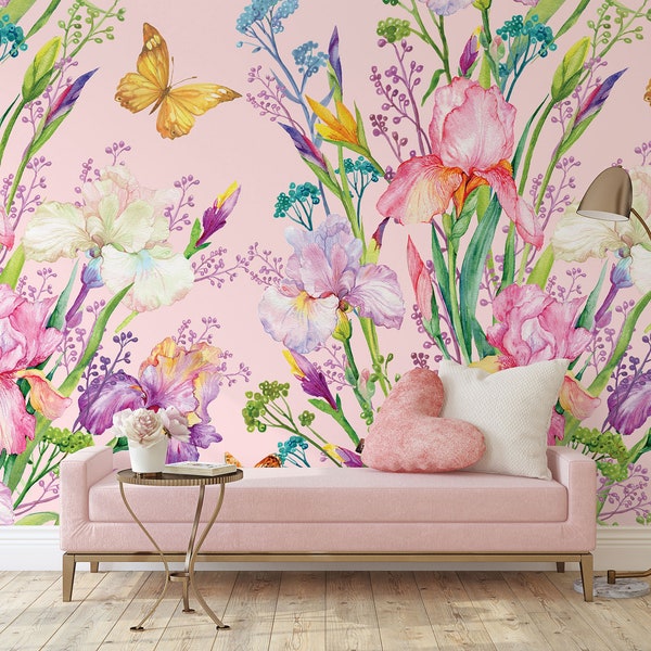 Pink wallpaper with watercolor colorful irises and butterflies | Self Adhesive | Peel & Stick | Removable
